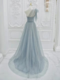 One Shoulder Tulle Sequin Gray Blue Long Prom Dress, Sequin Long Formal Dress HZ1024