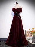 Off Shoulder Velvet Burgundy Long Prom Dress, Burgundy Long Formal Dress HZ1024