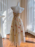 Tulle Sequin Beads Champagne Tea Length Prom Dress, Champagne Homecoming Dress HZ1024