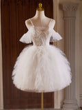 Tulle Lace Light Champagne Short Prom Dress, Cut Homecoming Dress HZ1024