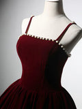 Velvet Tea Length Burgundy Prom Dress, Burgundy Cocktail Dress HZ1024