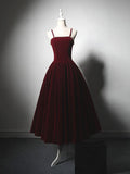 Velvet Tea Length Burgundy Prom Dress, Burgundy Cocktail Dress HZ1024