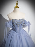 A-Line Tulle Beads Long Prom Dress, Blue Long Formal Dress HZ1024
