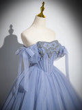 A-Line Tulle Beads Long Prom Dress, Blue Long Formal Dress HZ1024