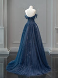 Off Shoulder Tulle Lace Dark Blue Long Prom Dress HZ1024