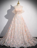 Off Shoulder Lace Tulle Long Prom Dress, Pink Long Formal Dress HZ1024