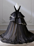 V Neck Tulle Long Prom Dress, Black Long Evening Dress HZ1024