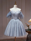 Tulle Dusty Blue Short Prom Dress, Dusty Blue Homecoming Dress HZ1024