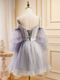 Purple A-Line Lace Tulle Short Prom Dress, Light Purple Homecoming Dress HZ1024