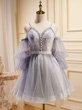 Purple A-Line Lace Tulle Short Prom Dress, Light Purple Homecoming Dress HZ1024