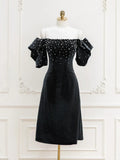 Velvet off-the-shoulder Beads Short Prom Dress, Black Evening Dress HZ1024