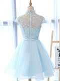 line High Neck Lace Blue Short Prom Dress, Blue Homecoming Dress HZ1024
