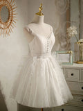 v neck tulle lace short prom dress lace cocktail dress HZ1024