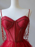 Sweetheart Neck Tulle Beads Burgundy Long Prom Dress, Burgundy Evening Dress HZ1024