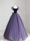 Puff sleeves Tulle Velvet Purple Long Prom Dress, Purple Long Formal Dress HZ1024