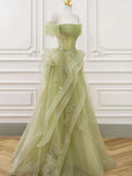 Off Shoulder Lace Long Prom Dress, Green Formal Dress HZ1024