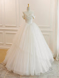 White Off Shoulder Tulle Long Prom Dress, White Long Formal Dress HZ1024
