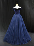Blue Tulle velvet Long Prom Dress, Blue Formal Evening Dress HZ1024