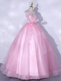 A-Line Tulle Lace Long Prom Dresses, Pink Sweet 16 Dress HZ1024