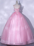 A-Line Tulle Lace Long Prom Dresses, Pink Sweet 16 Dress HZ1024