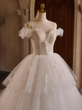 Off Shoulder Tulle Lace Long Prom Dress, White Long Wedding Dress HZ1024