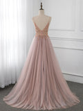 V Neck Tulle Beading Pink Long Prom Dress. Pink Formal Dress HZ1024