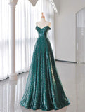 Tulle Sequin Dark Green Long Prom Dress, Green Formal Evening Dress HZ1024