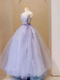 V Neck Tulle Lace Long Prom Dress, Purple Formal Sweet 16 Dress HZ1024