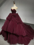 Round Neck Tulle Burgundy Long Prom Gown, Burgundy Long Evening Dress HZ1024