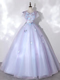 Round Neck Tulle Lace Purple Long Prom Dress, Purple Formal Dress HZ1024