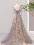 V Neck Tulle Long Prom Dresses, Tulle Formal Evening Dresses HZ1024