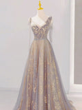V Neck Tulle Long Prom Dresses, Tulle Formal Evening Dresses HZ1024