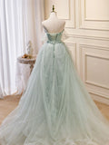 Off Shoulder Tulle Sequin Green Long Prom Dress, Green Formal Dress HZ1024