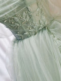 Off Shoulder Tulle Sequin Green Long Prom Dress, Green Formal Dress HZ1024