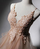 v neck tulle lace long prom dress,champagne evening dress HZ1024