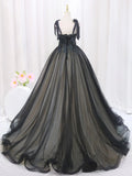 Black Tulle Lace Long Prom Dresses, Black Long Evening Dresses HZ1024