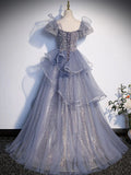 Gray Sequin Long Prom Dress, Sequin Tulle Formal Evening Dresses HZ1024