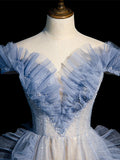 Off Shoulder Tulle Sequin Beading Long Prom Dress, Blue Formal Dress HZ1024