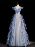 Off Shoulder Tulle Sequin Beading Long Prom Dress, Blue Formal Dress HZ1024