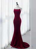 Backless Velvet Burgundy Long Prom Dress with Beads HZ1024