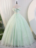 Off Shoulder Tulle Green Long Prom Dress, Green Lace Long Sweet 16 Dress HZ1024