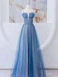 Blue Tulle Long Prom Dress, Blue Tulle Formal Dresses HZ1024