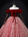 Burgundy/Pink Tulle Long Prom Dress, Burgundy/Pink Sweet 16 Dress HZ1024