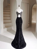 Mermaid Velvet Sequin Black Long Prom Dress, Black Long Evening Dress HZ1024