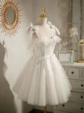 sweetheart neck tulle lace short prom dress, white tulle formal dress HZ1024