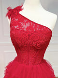One Shoulder Lace Tulle Burgundy Long Prom Dresses, Burgundy Formal Dresses HZ1024