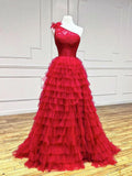 One Shoulder Lace Tulle Burgundy Long Prom Dresses, Burgundy Formal Dresses HZ1024
