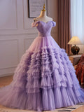 Off Shoulder Tulle Purple Long Prom Dress, Purple Long Evening Dress HZ1024