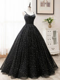A-Line Tulle Long Prom Dress, Black Formal Evening Dresses HZ1024