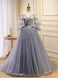 V Neck Tulle Lace Gray Blue Long Prom Dress, Formal Graduation Dress HZ1024